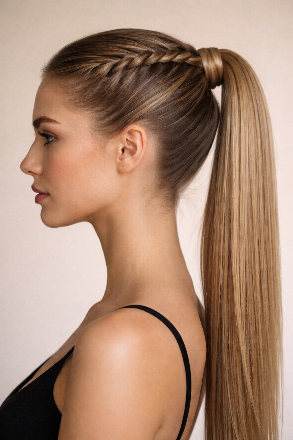 Braided ponytail with a tight scalp braid merging into a sleek ponytail