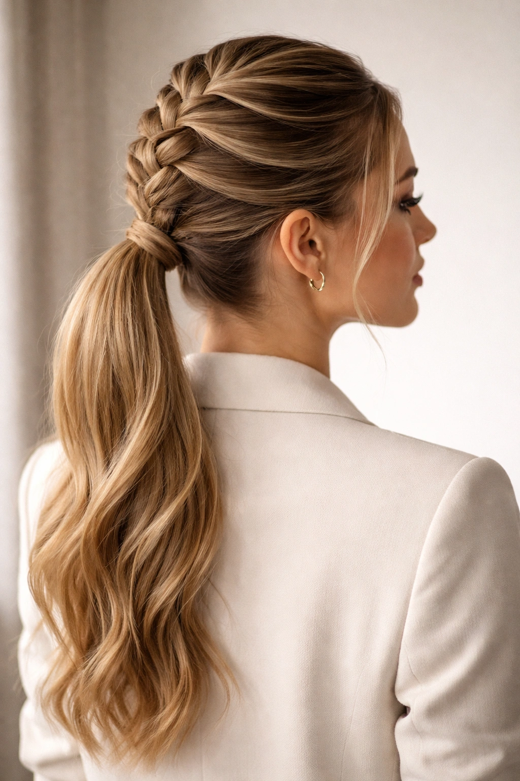 Braided ponytail with center French braid merging into ponytail