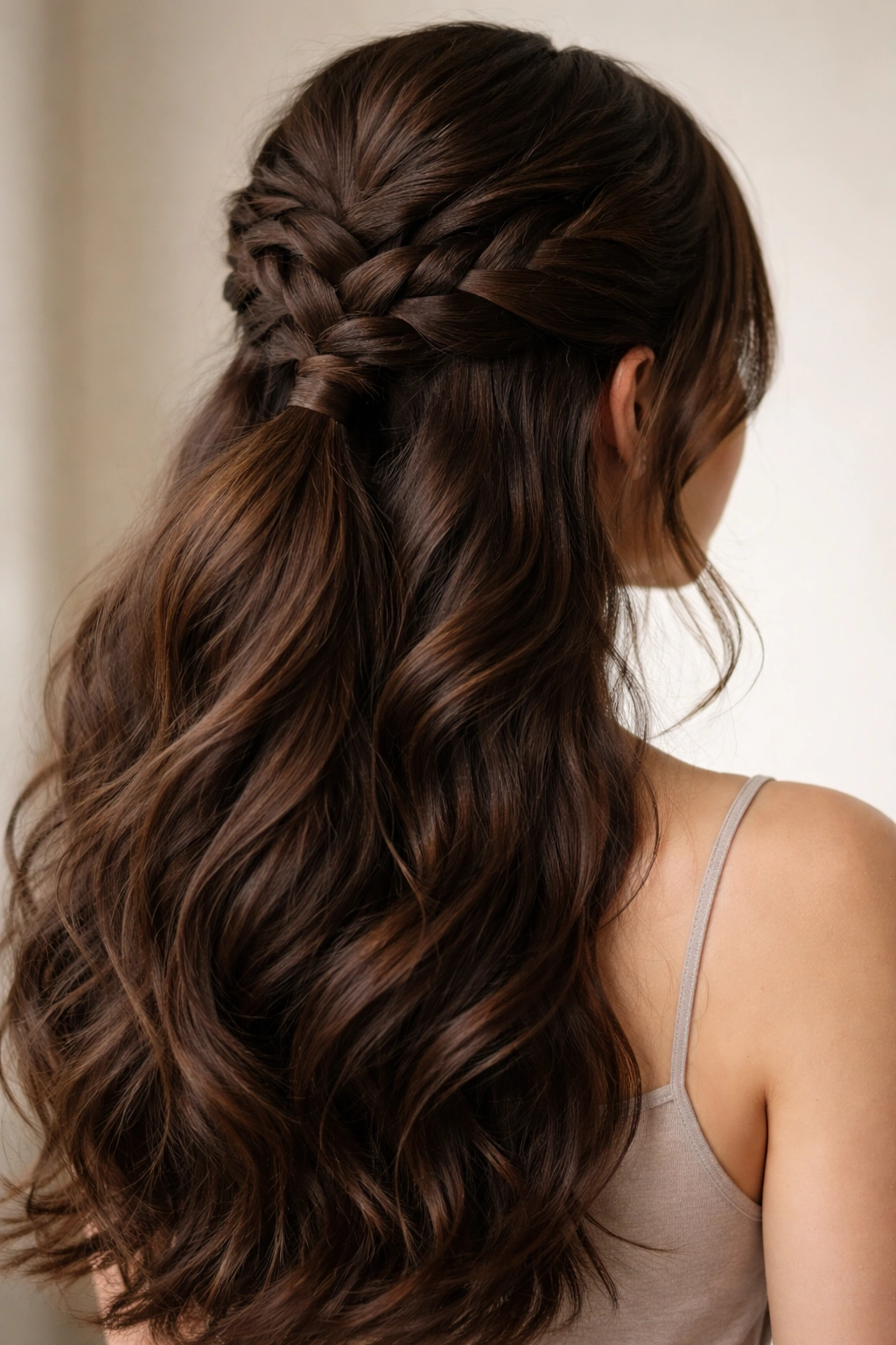 Close-up of thick hair with a braided half-up ponytail at the nape
