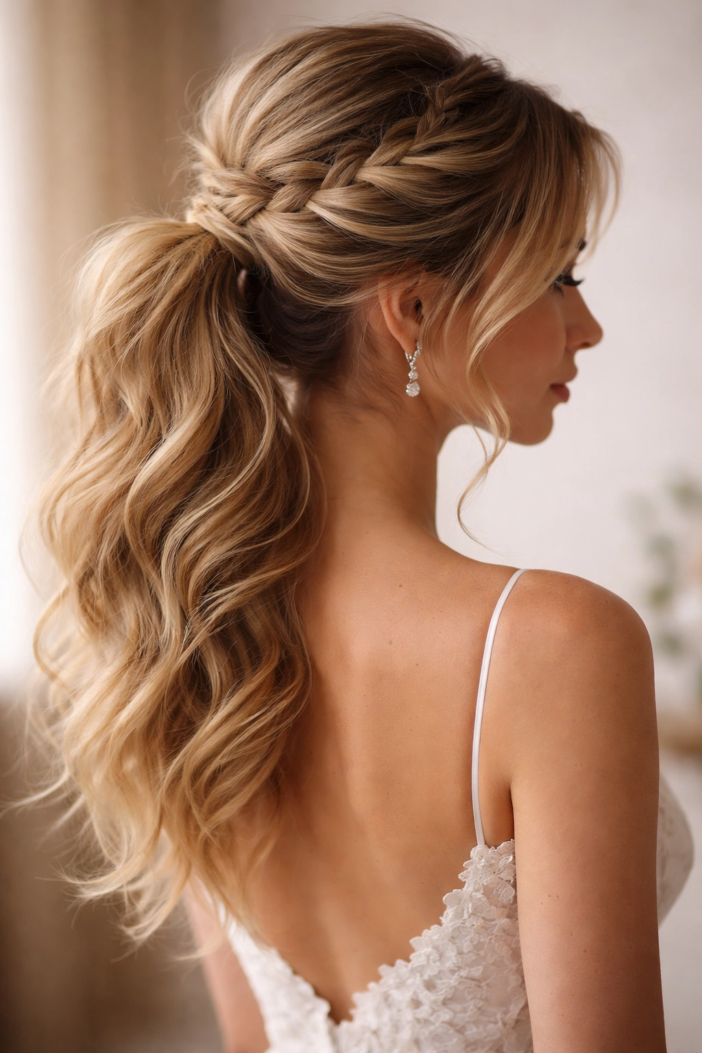 Braided messy ponytail with integrated braid for romantic wedding look