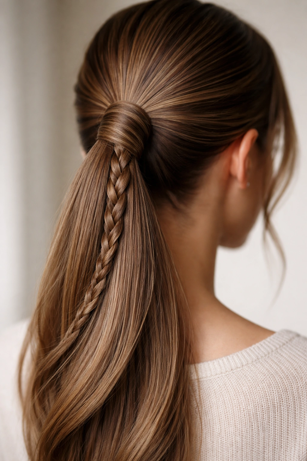 Close-up of a braided ponytail wrap showing a thin three-strand braid spiraling around the base