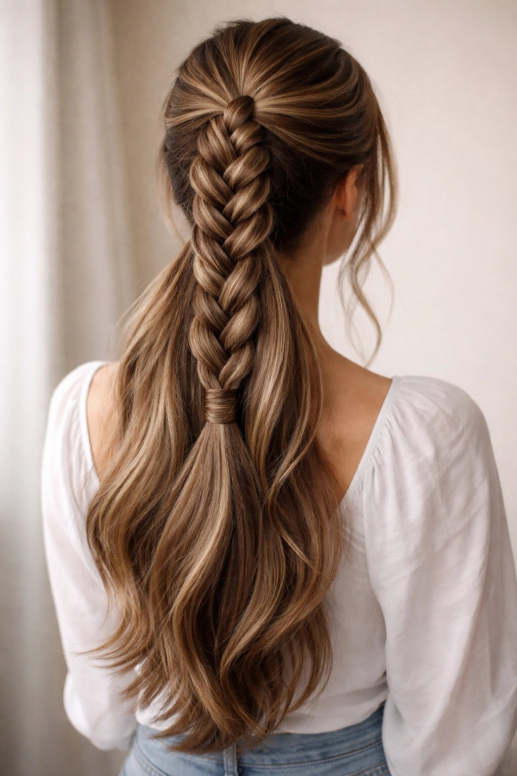 Long braided ponytail with a wrapped base for a polished finish.
