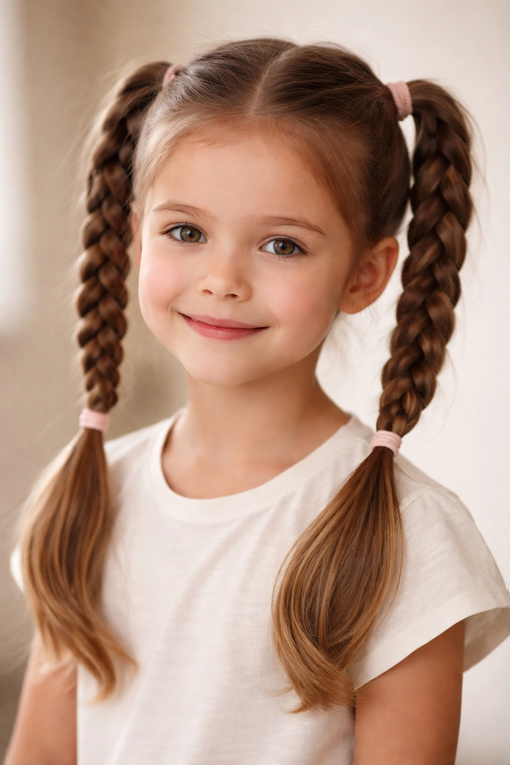 Child with braided double ponytails showing braids at crown