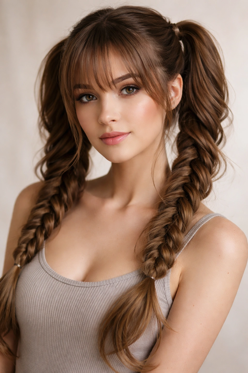 Braided double ponytails with layered bangs showing textured braids