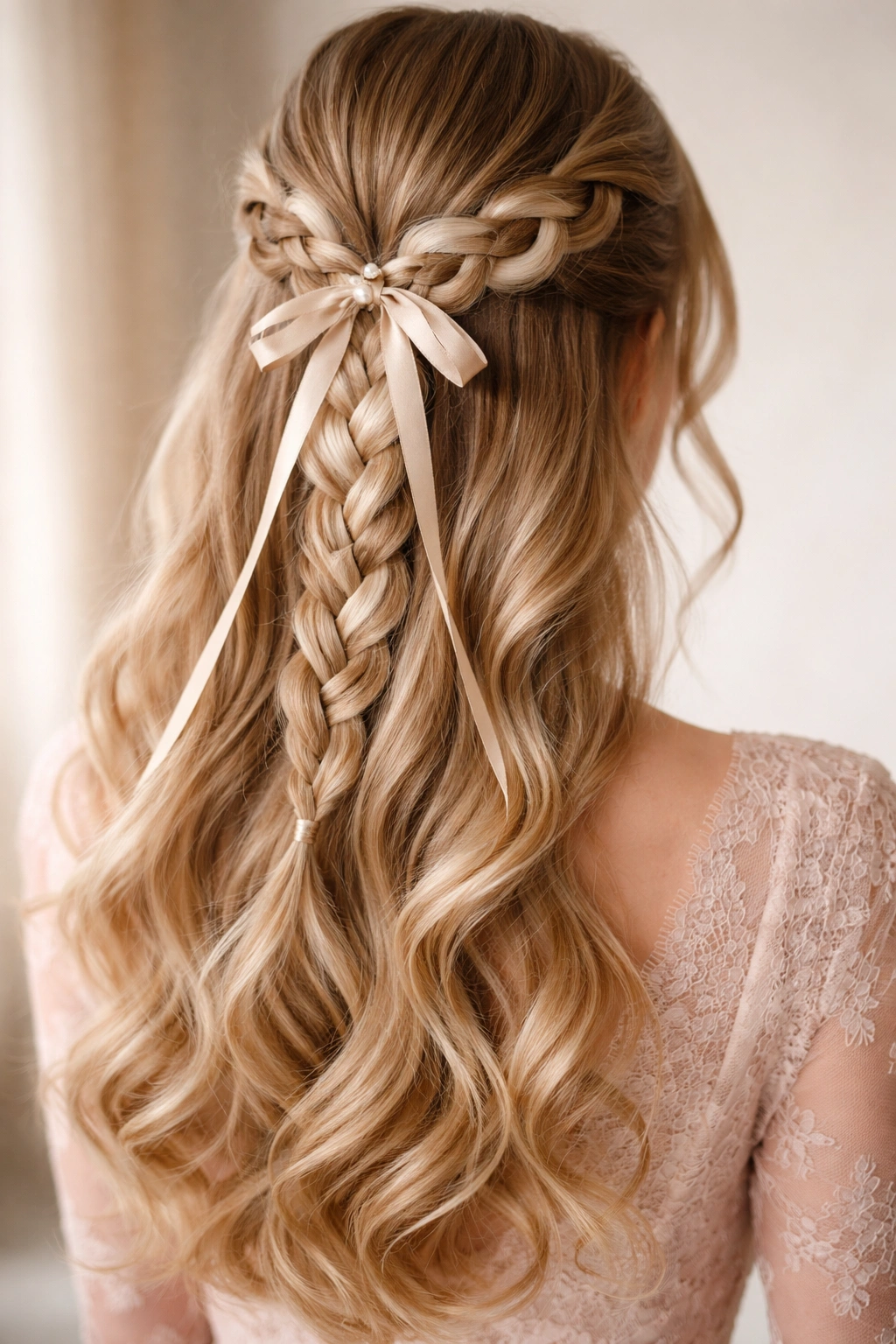 Ribbon woven through a half-up braid secured at the crown