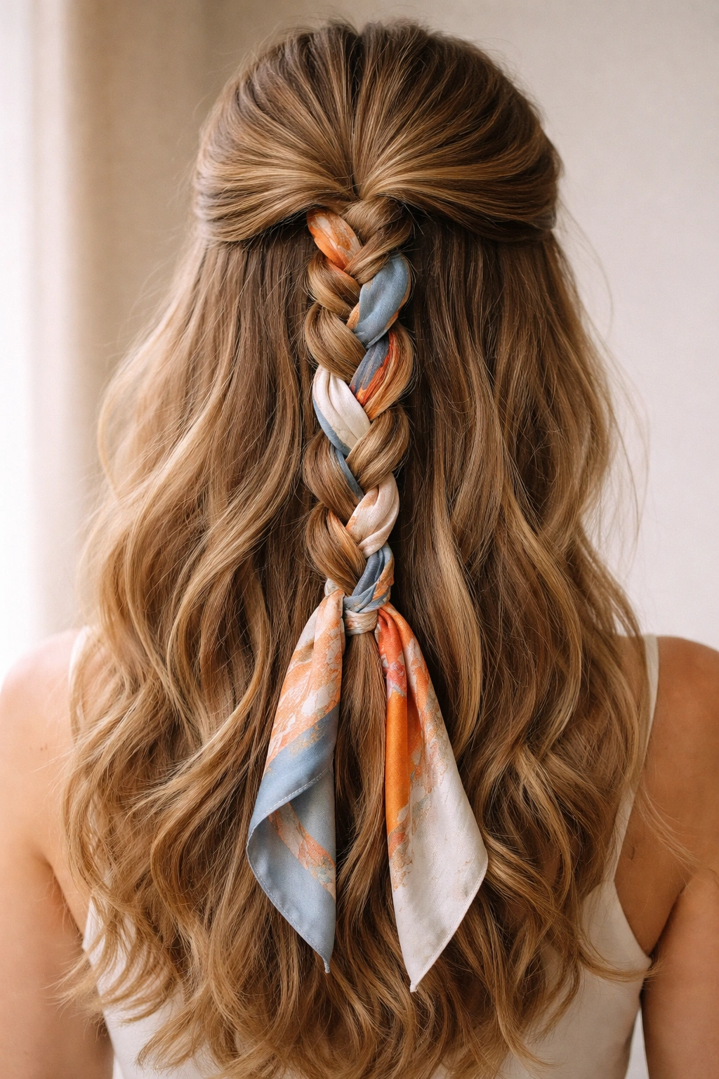 Hair braided with scarf woven as a fourth strand creating two-texture braid