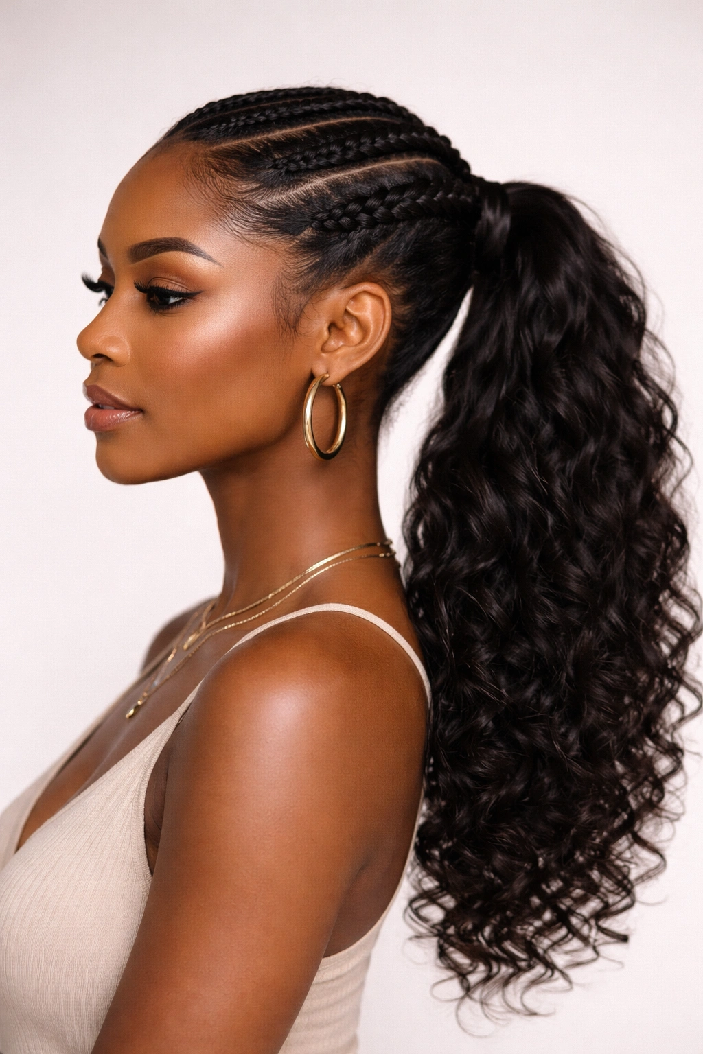 Portrait of a Black woman with two thick braids feeding into a side ponytail