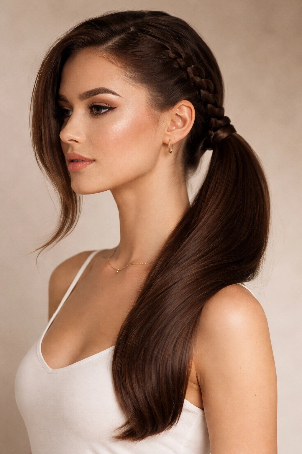 Side ponytail featuring a three-strand braid for texture.