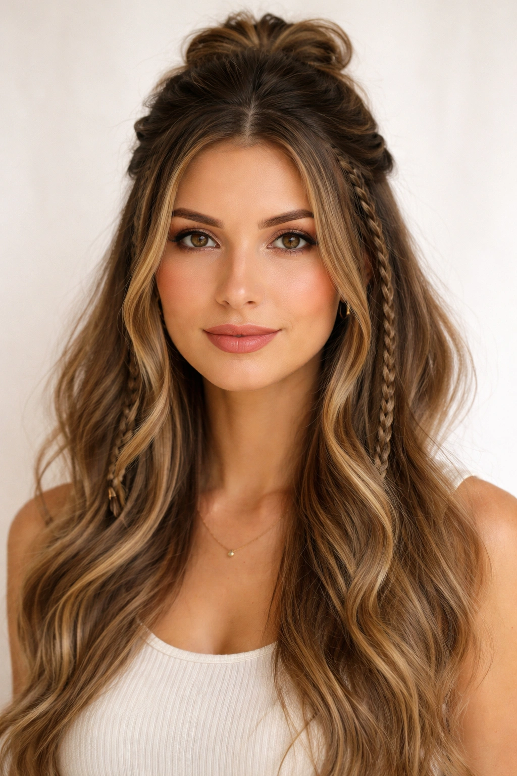 Half-up hairstyle featuring braided sides pulled into the crown