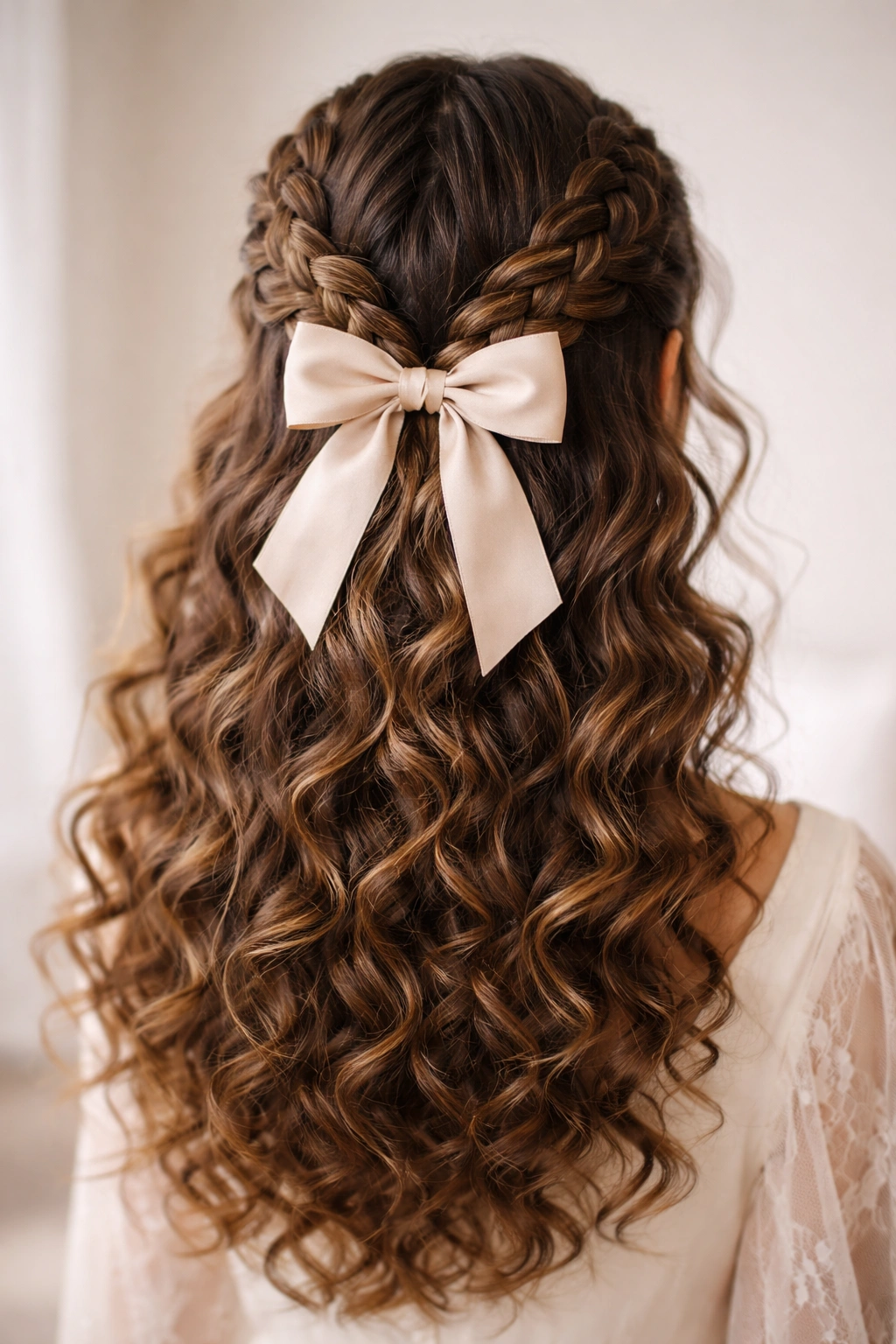 Close-up of braided sides meeting at center with bow on curly hair