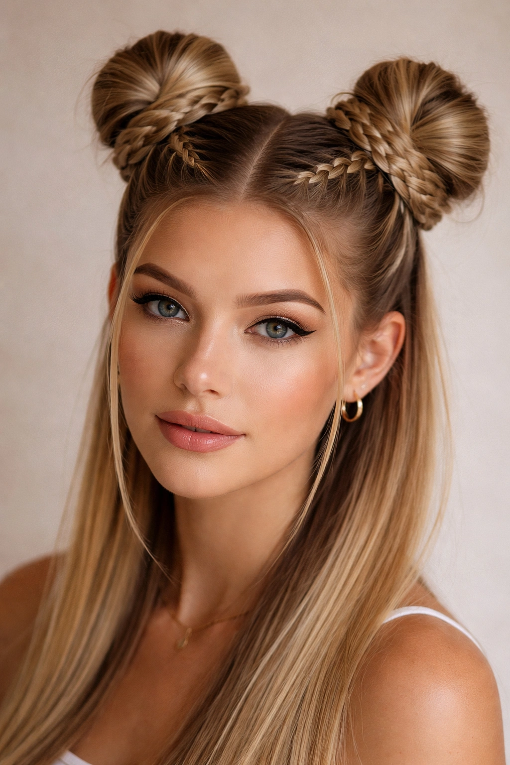 Two space buns featuring braided details on straight hair.