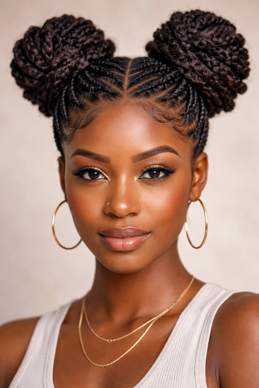 Close-up of Braided Space Buns showing braided sections on coily hair
