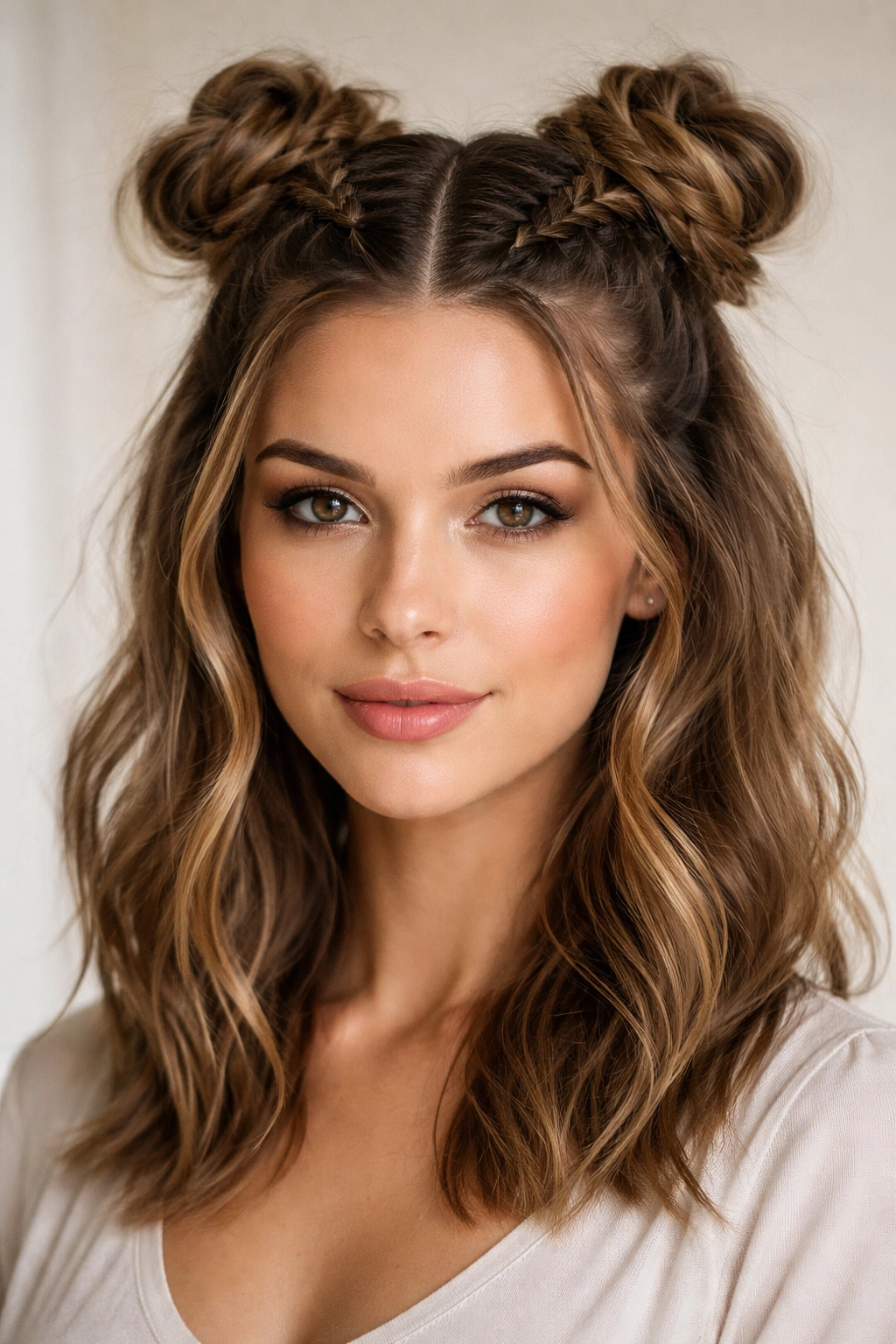 Front view showing Dutch braids feeding into two space buns at the back