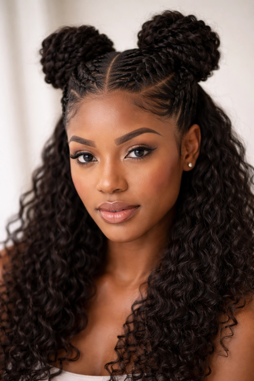Braided half-up space buns with front braids to the crown