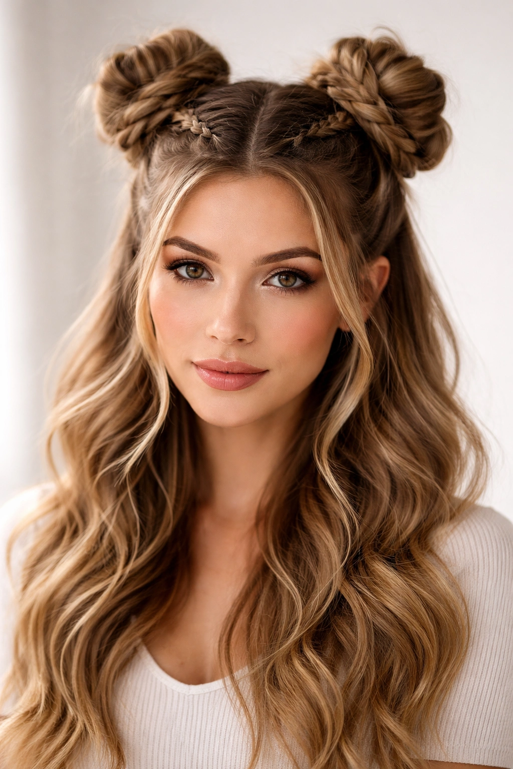 Close-up of braided space buns with half-up base