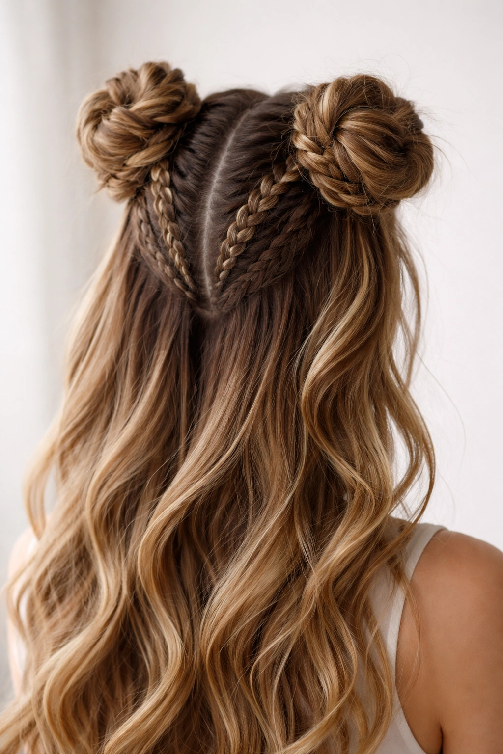 Braided base space buns with visible root braids and buns