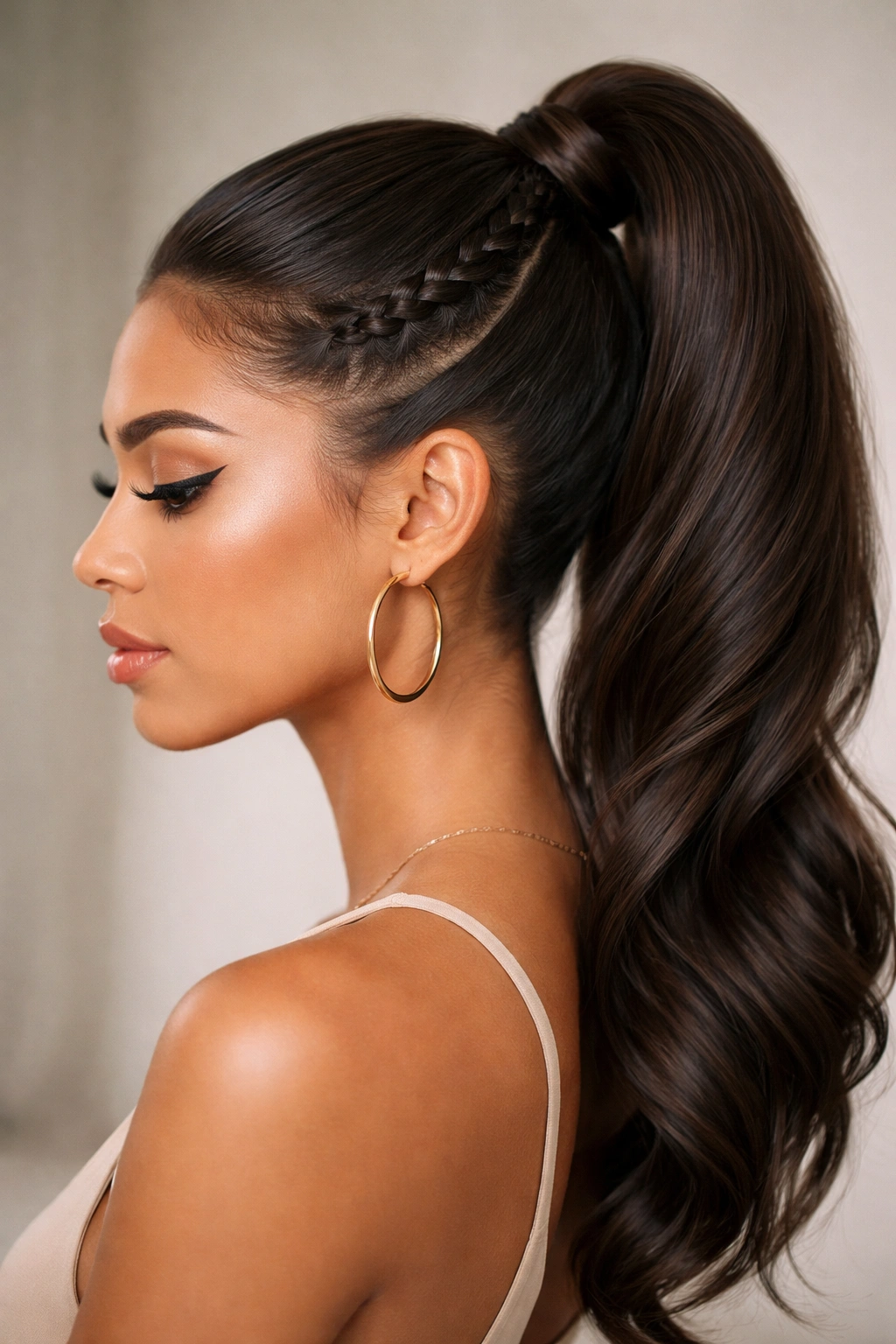 Profile view showing a braided swoop along the curve into a ponytail.