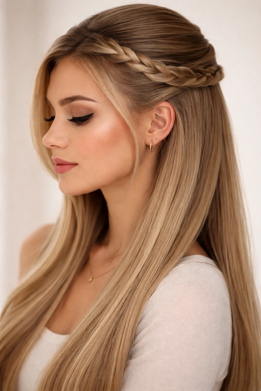 Close-up of a swoop with a narrow Dutch/French braid along the curve of the swoop on straight hair.