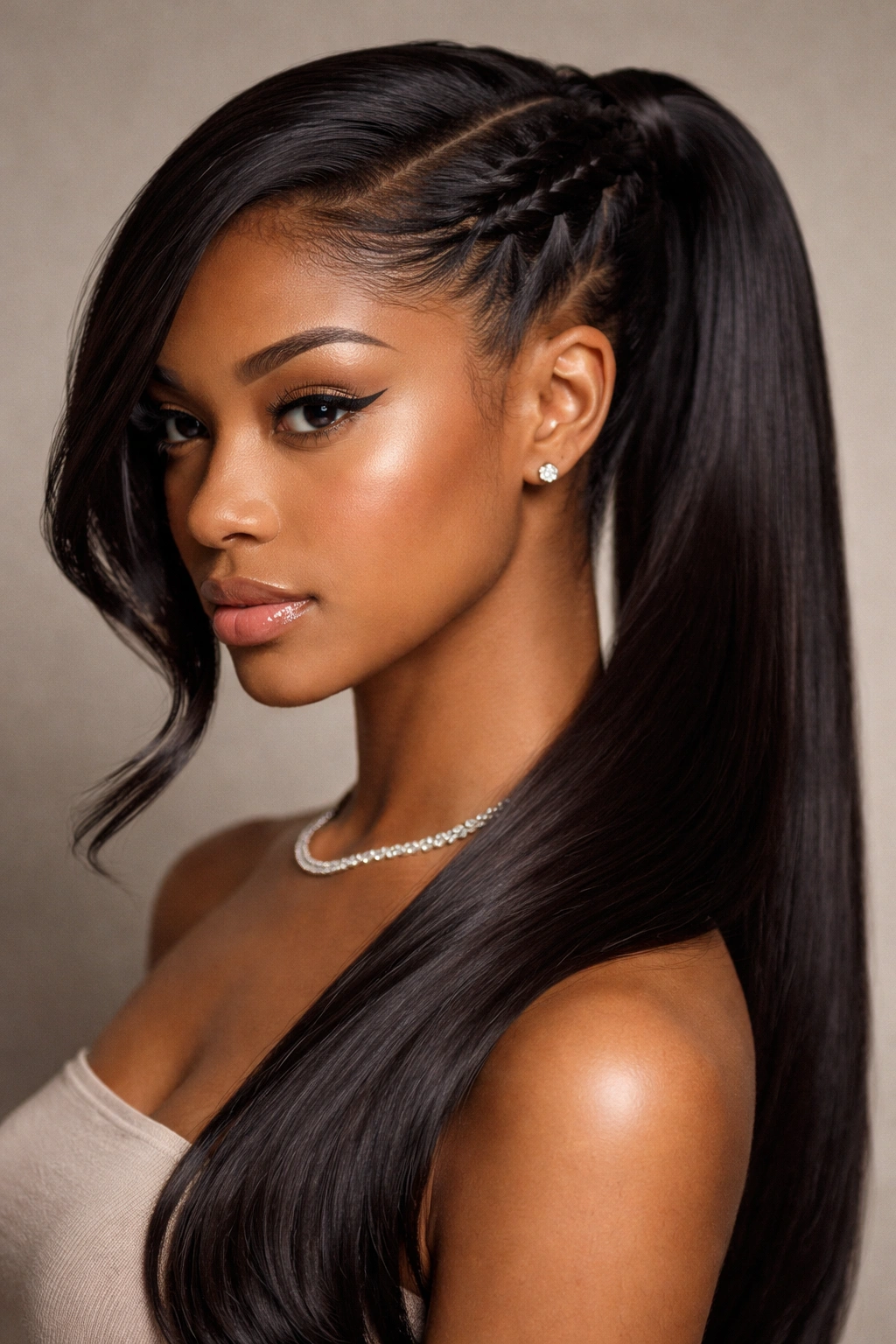 Close-up of braided swoop ponytail with a defined three-strand braid along a deep side part