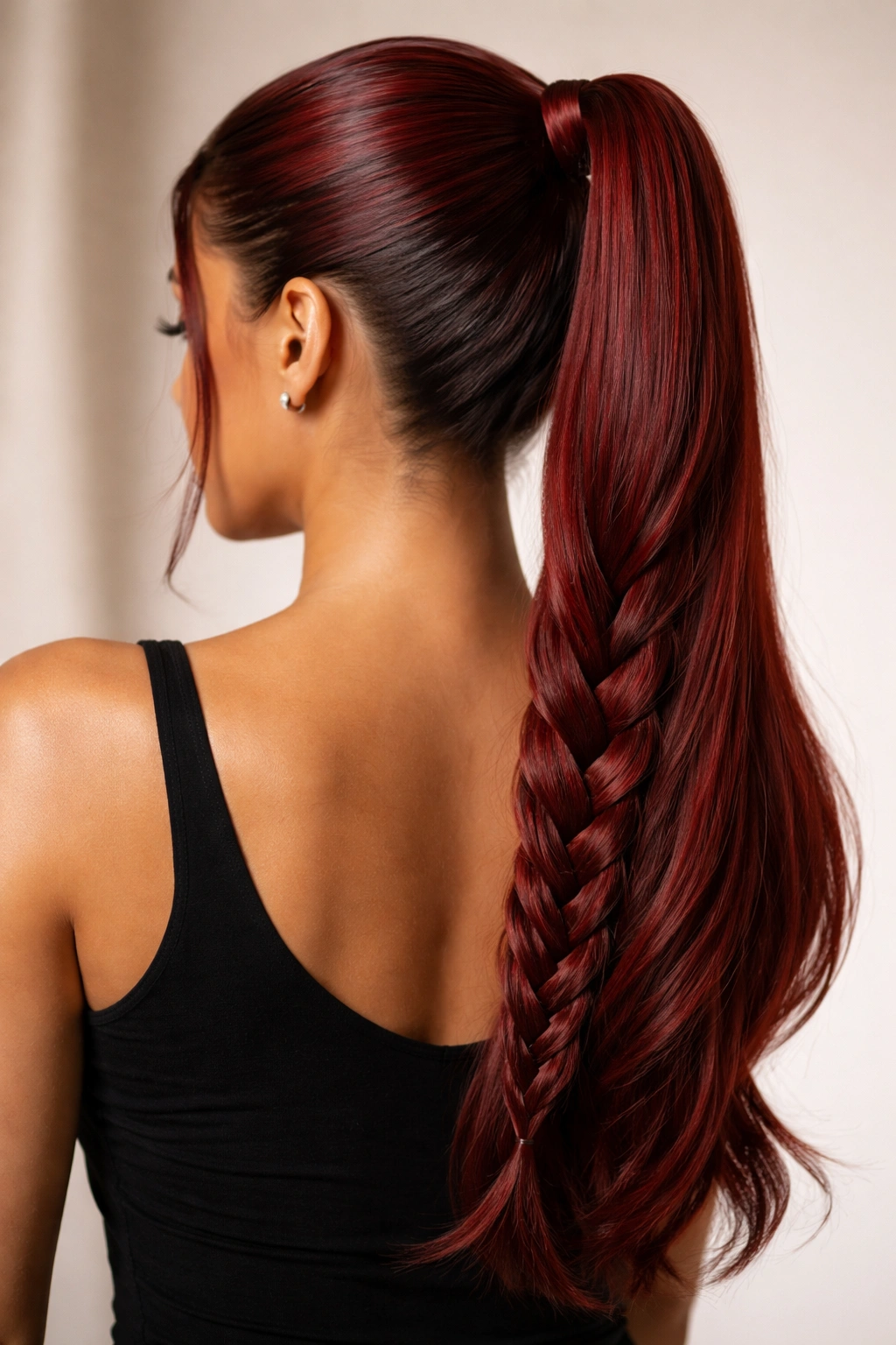 Sleek red weave ponytail with braided/twisted tail section catching light.