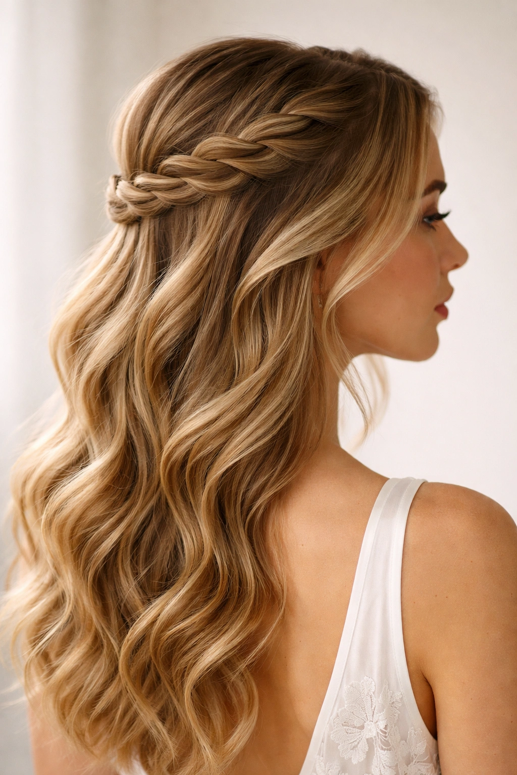 Braided twist half-up hybrid hairstyle with crown-joined sections and flowing waves