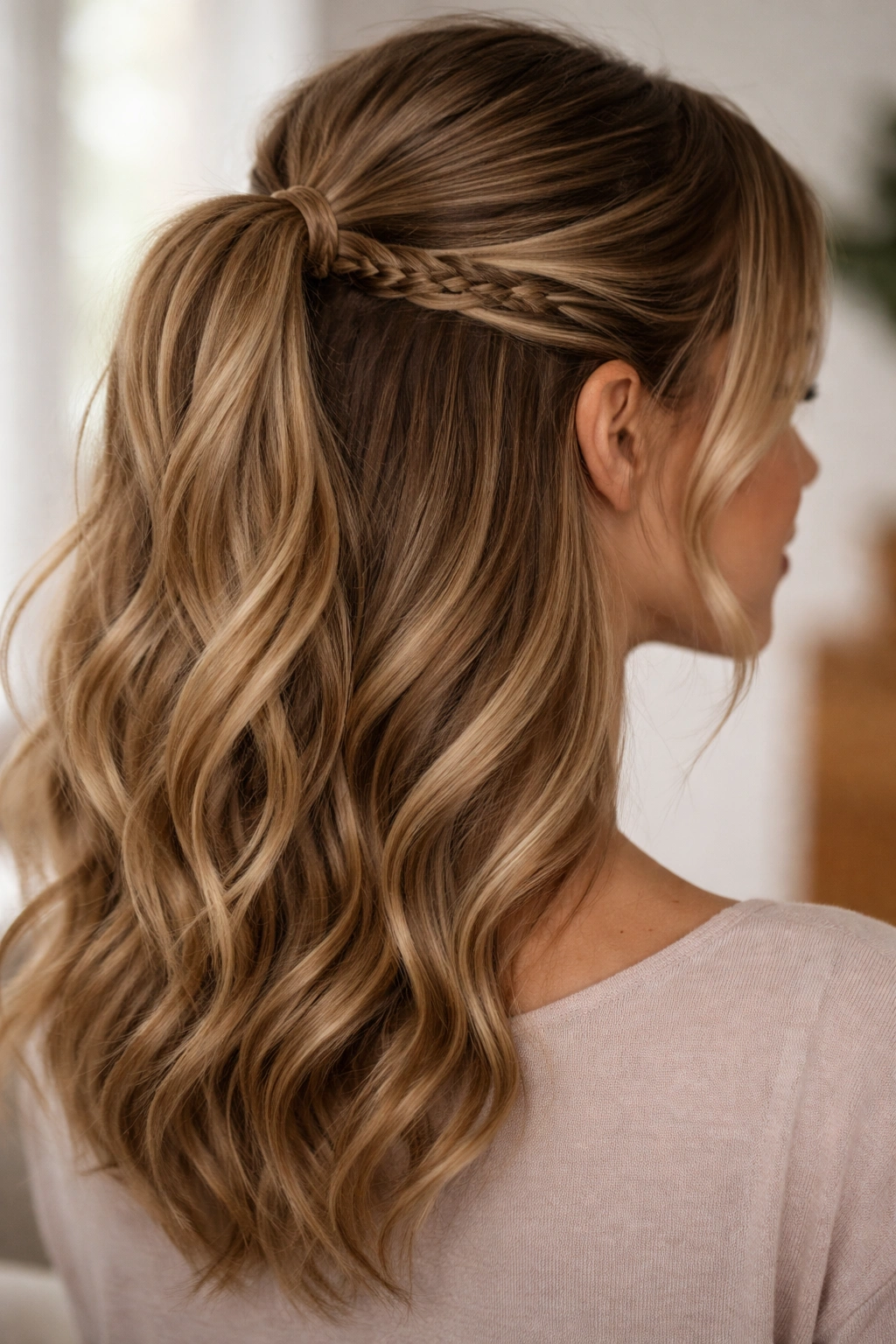 Half up hairstyle with braided underside hiding the elastic.