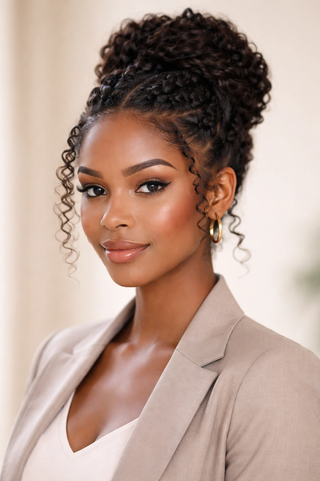 Close-up of a braided updo with coil accents: crown bun and loose face/neck coils.