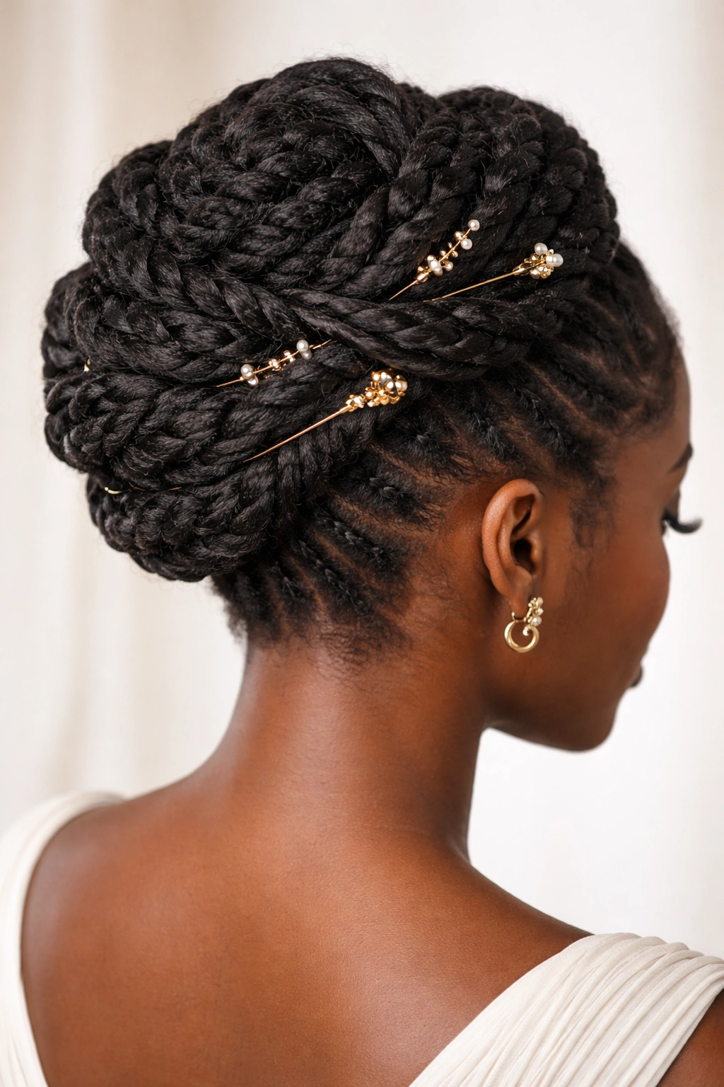 Braided updo with wraparound elements and pins on 4C hair