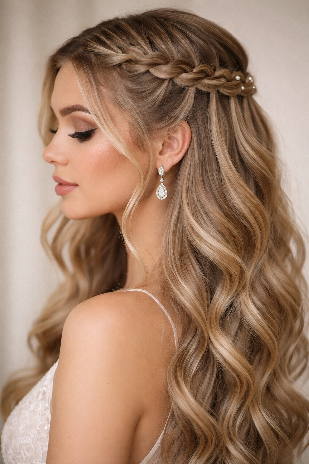 Close-up of a waterfall braid with cascading hair strands secured at the crown
