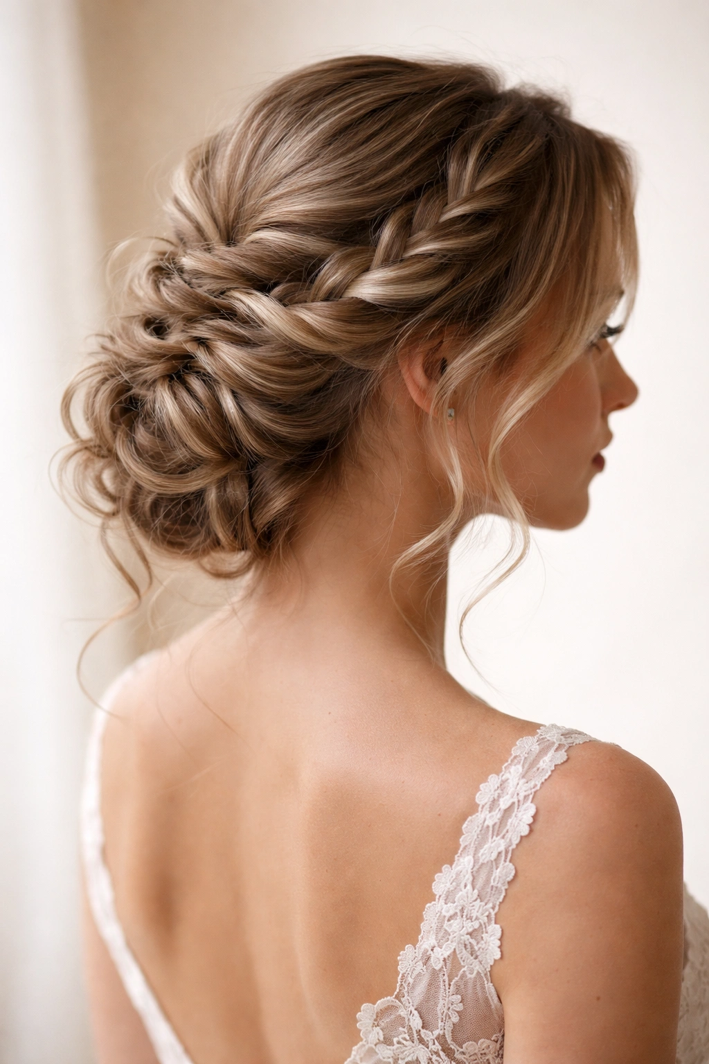 Braided Wavy Updo with loose braid and soft waves framing the face