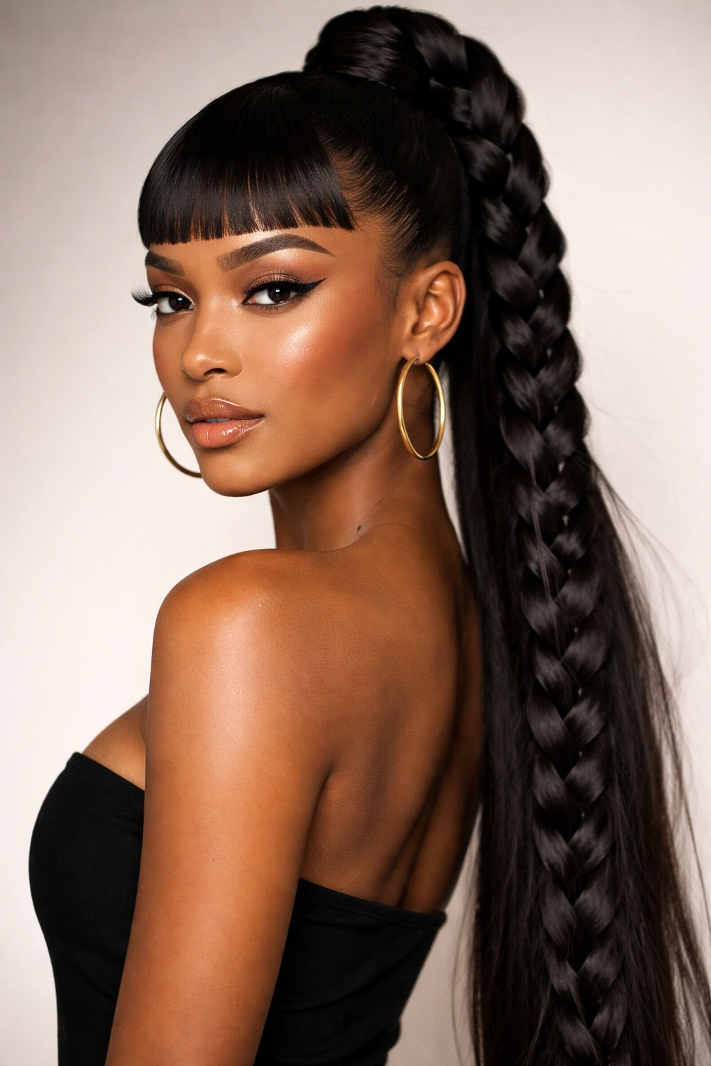 Close-up of braided weave ponytail with micro bangs on a fashion model in studio