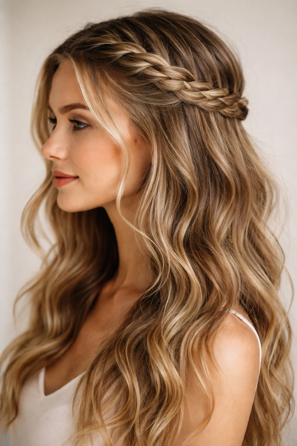 Profile view of The Braided Wrap-Around with a Dutch braid arching over loose waves