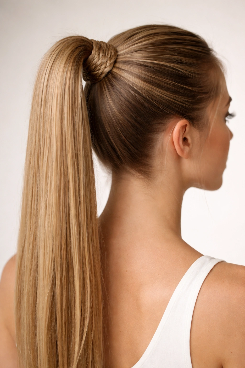 High ponytail with braided wrap at the base