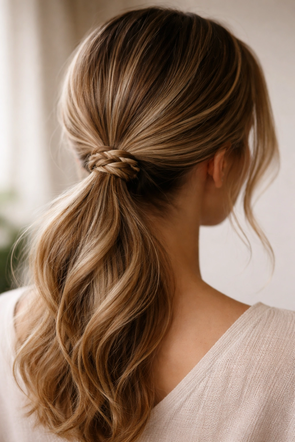 Low ponytail with a thin three-strand braid wrapped around the base