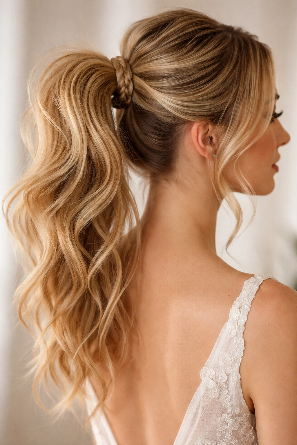 High ponytail with a decorative braid wrapped around its base