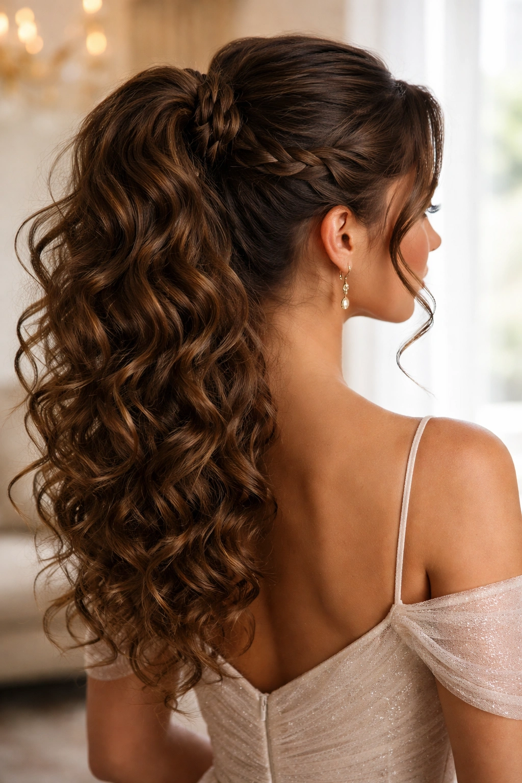 Braided Wrap Ponytail with a loose wrap around the base of a high ponytail