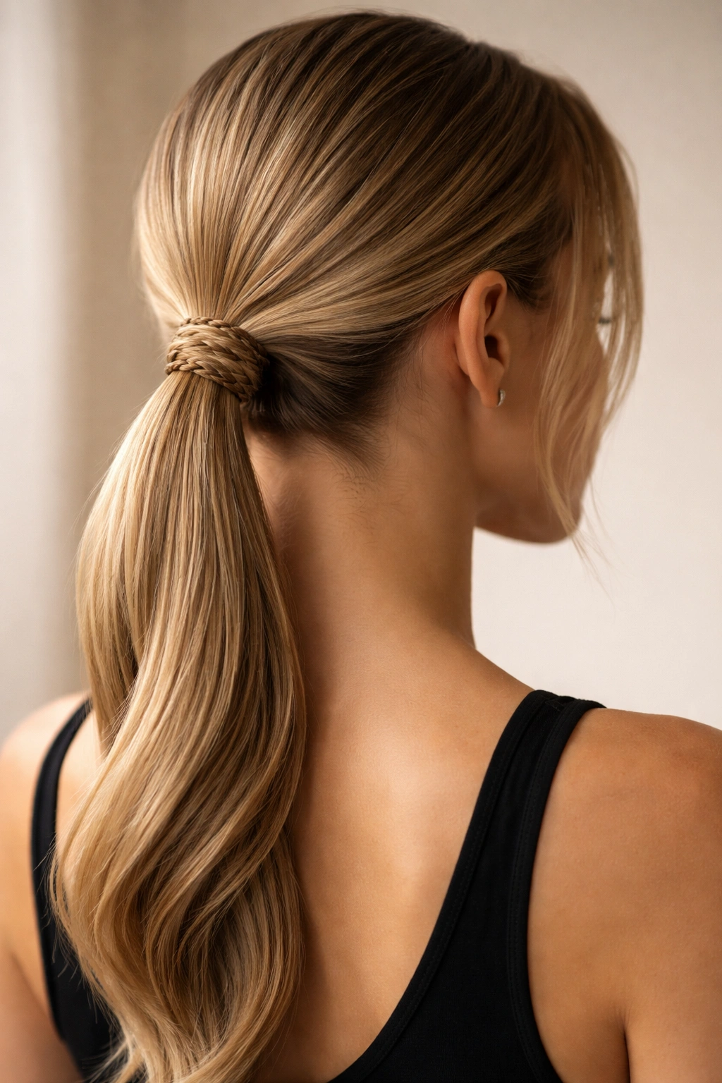 Back-and-side view of a low ponytail with a thin braid wrapping around the base