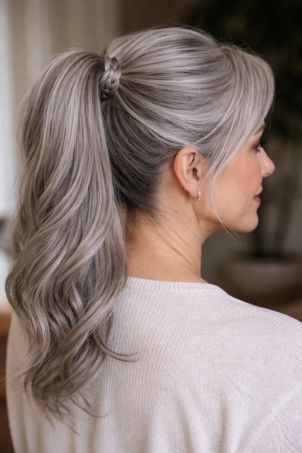 Front view of gray hair with braided wrap around ponytail base