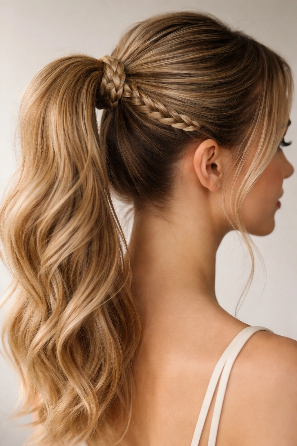 Close-up of a braided wrap around a ponytail base concealing the elastic