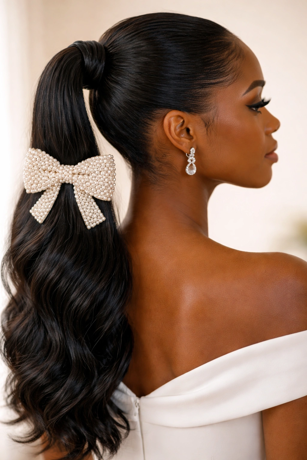 Braided-Wrap Ponytail with Pearl Bow close-up showing braided wrap and pearl bow.