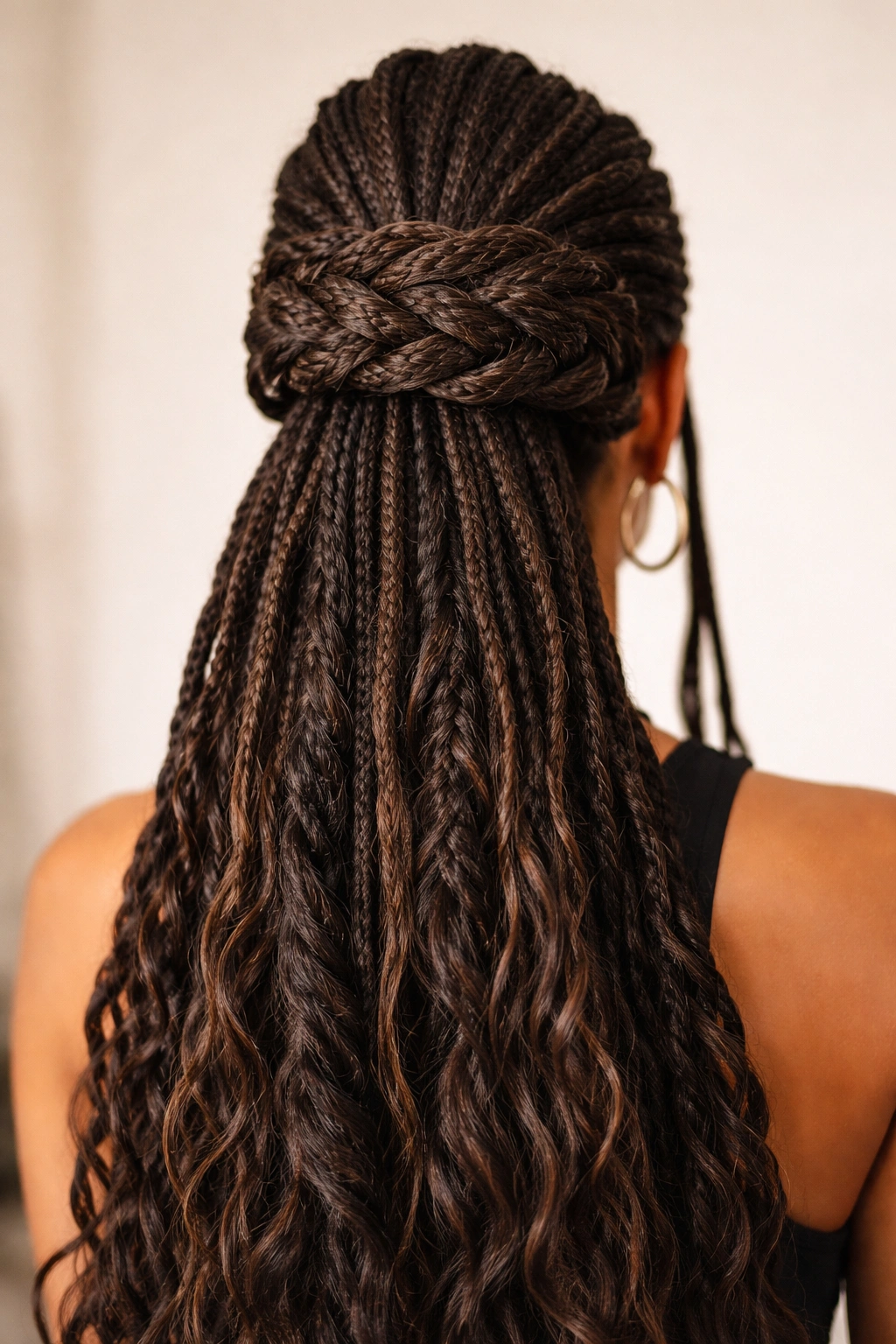 Thick braided wrap around the base of a ponytail with weave