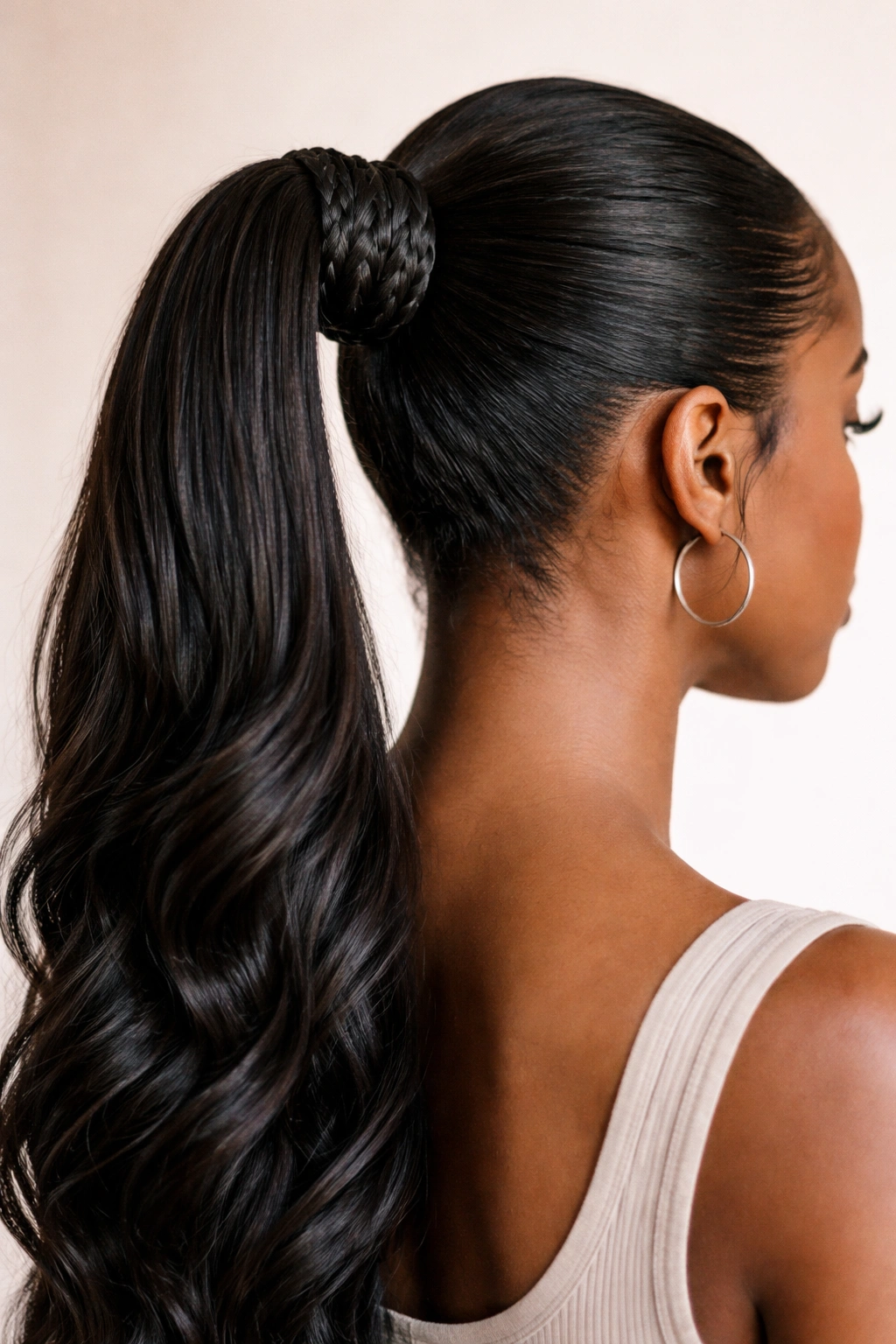 Ponytail with braided wrap around base hiding the elastic