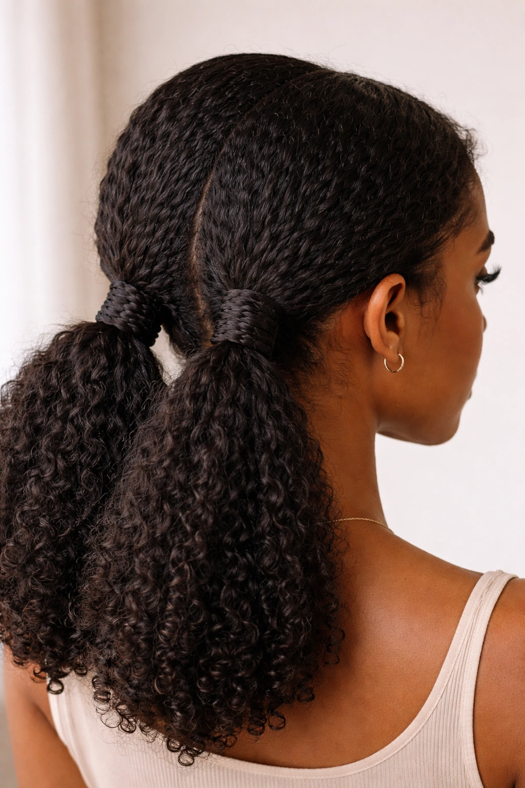 Low ponytails with braided wraps around elastic bands
