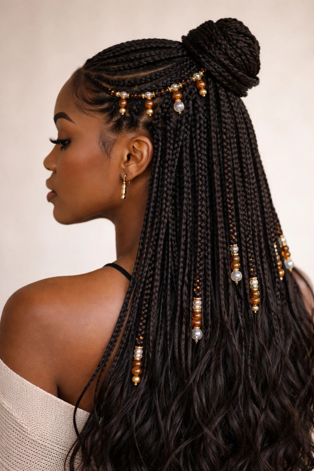 Close-up of beads threaded onto braids in a half-up crown hairstyle