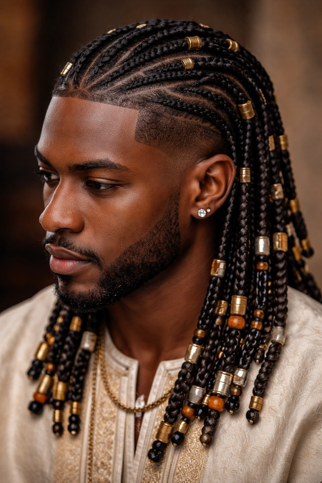 Intricately braided hairstyle with beads and metal cuffs woven through the braids.