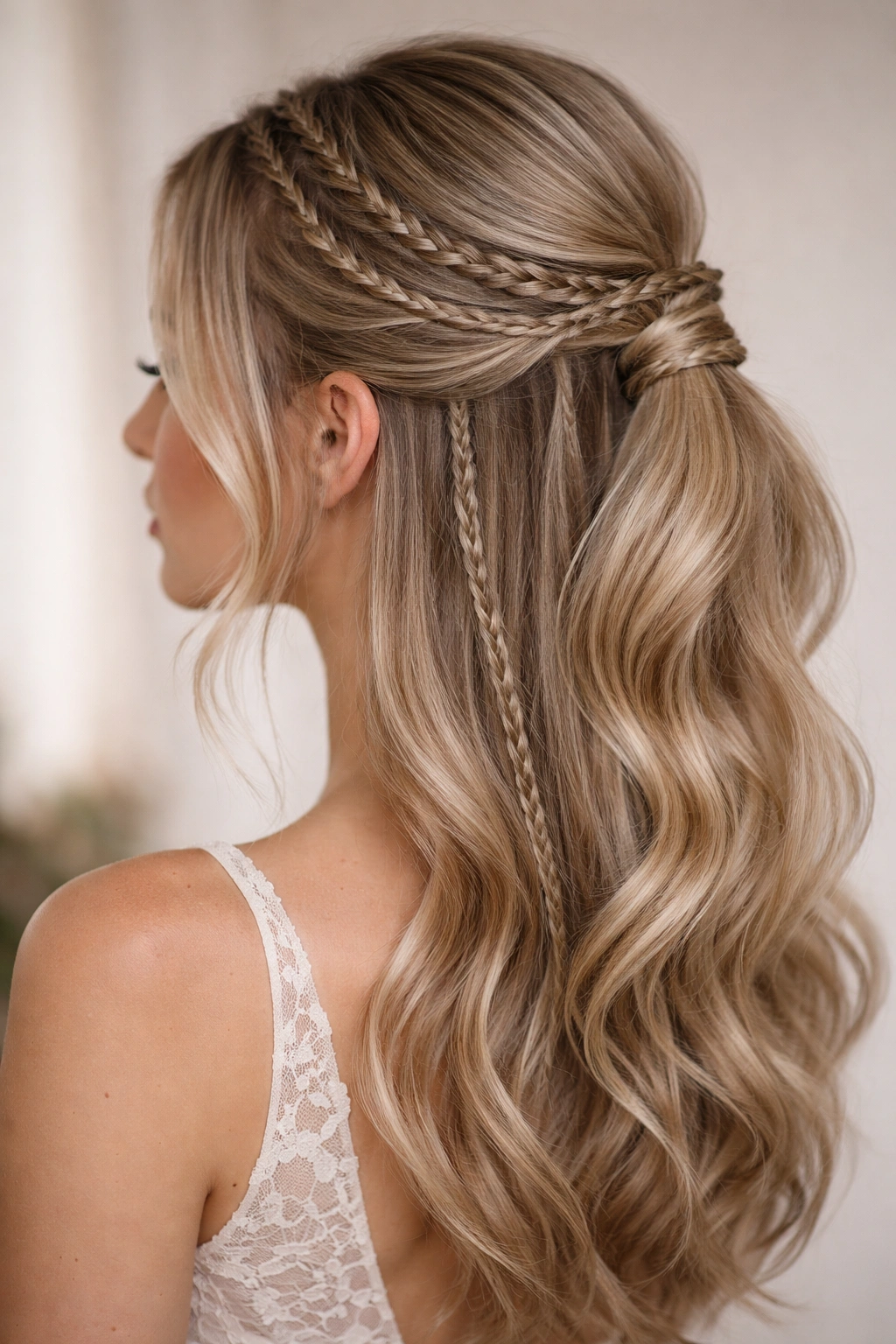 Close-up of a bridal half-up hairstyle with two thin braids woven into a ponytail
