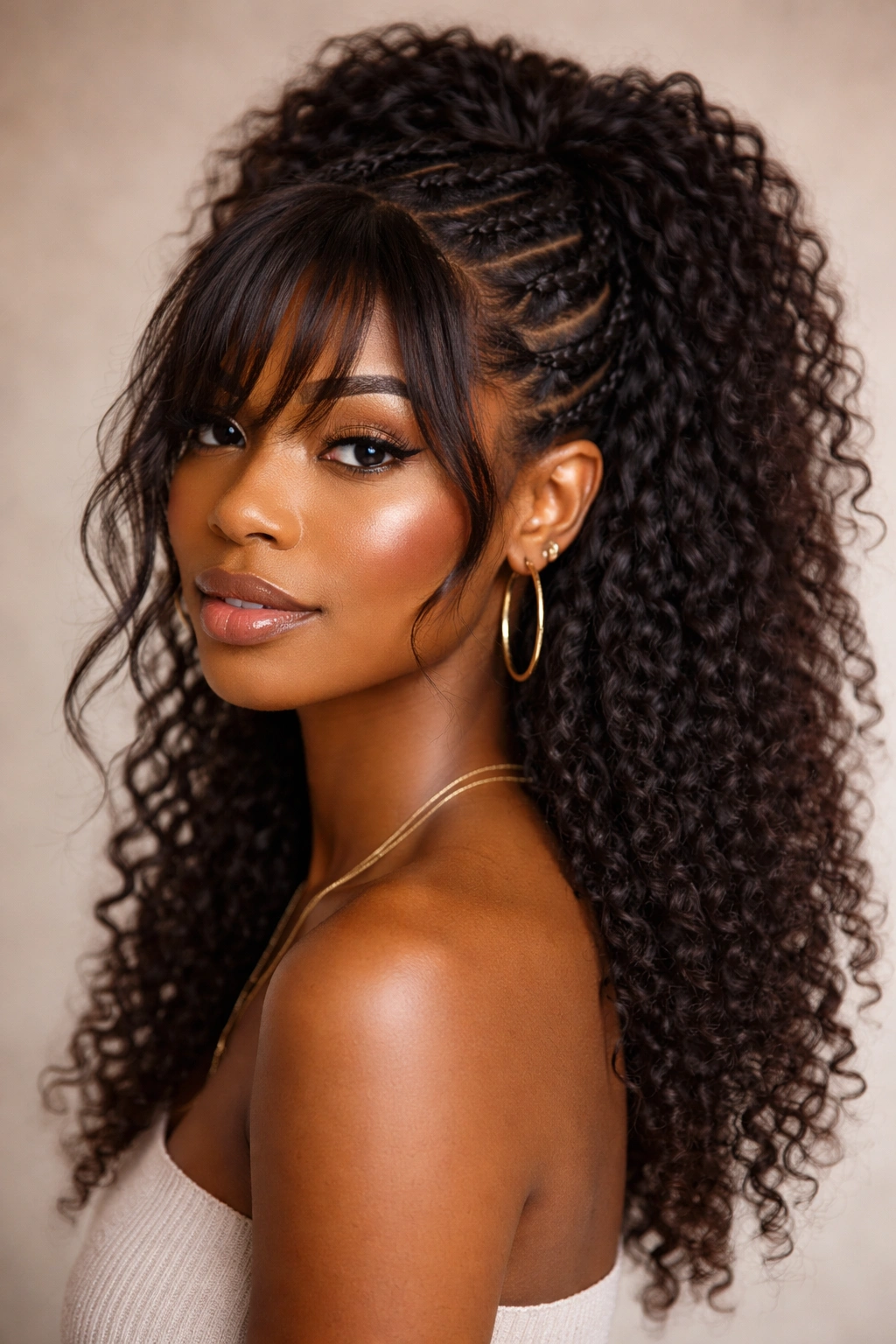 Close-up of a multi-braid half-up hairstyle with wispy asymmetrical bangs on natural hair.
