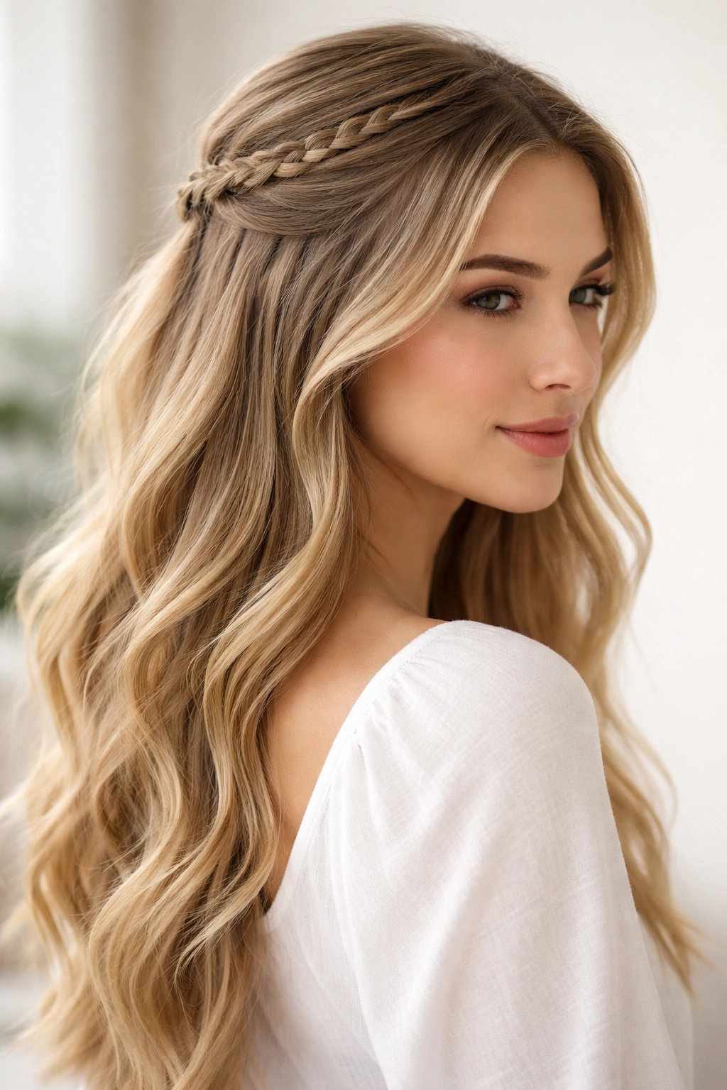 Two small braids pulled back into a half-up with loose waves