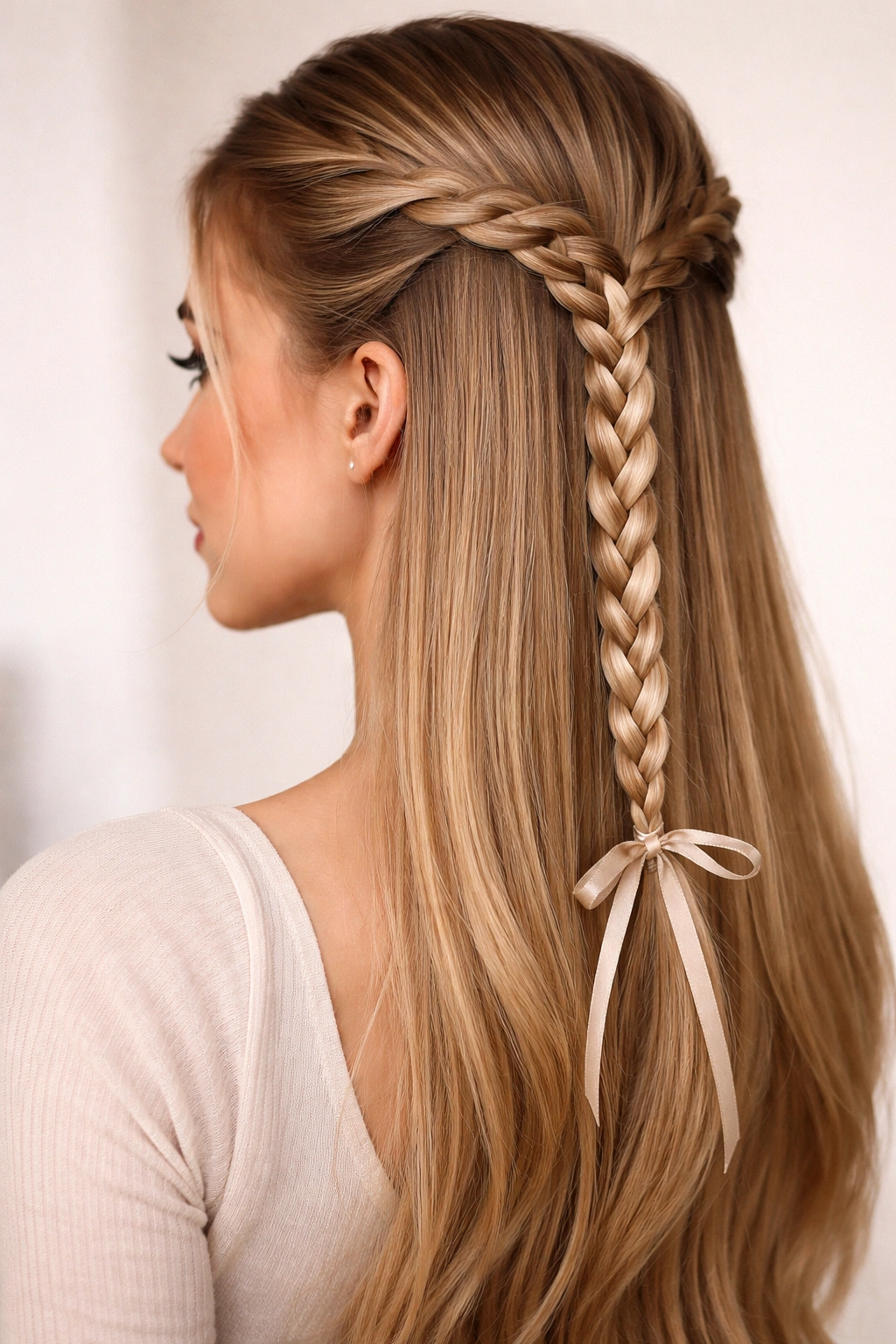 Close-up of a straight-hair model with a braided half-up and ribbon accent