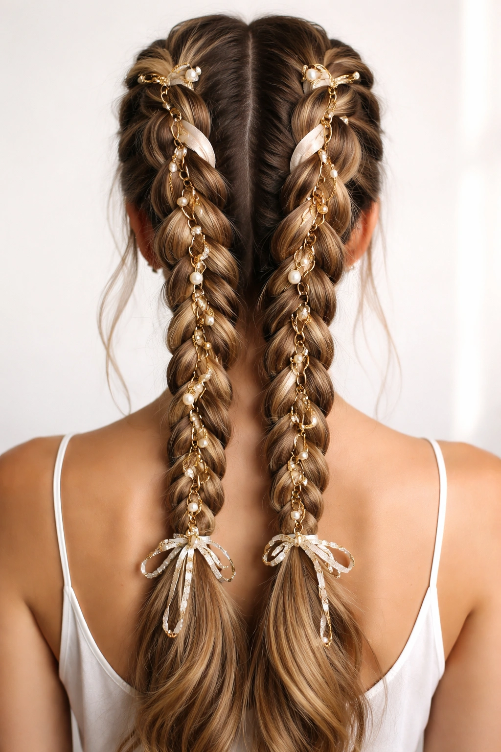 Dutch braids with integrated accessories woven into the braids